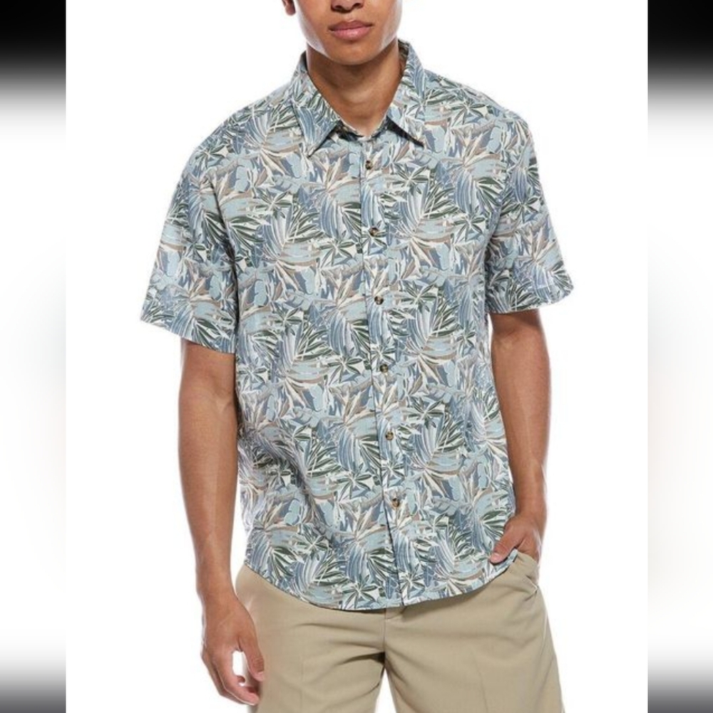 REPORT COLLECTION | Men's Blue/White Tropical Linen Blend Button Down T-Shirt